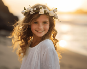 Niña con corona de flores en la playa de Sopelana al atardecer durante su sesión de fotos de comunión