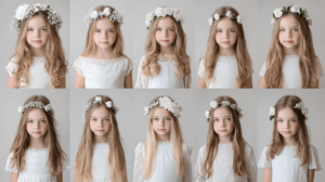 Niña con corona de flores preservadas y peinado con pelo suelto en su sesión de fotos de comunión