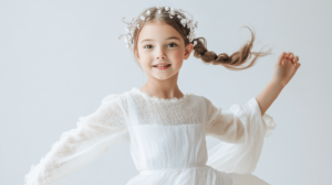 Niña con tocado de flores preservadas y peinado con tyrenza en su sesión de fotos de comunión